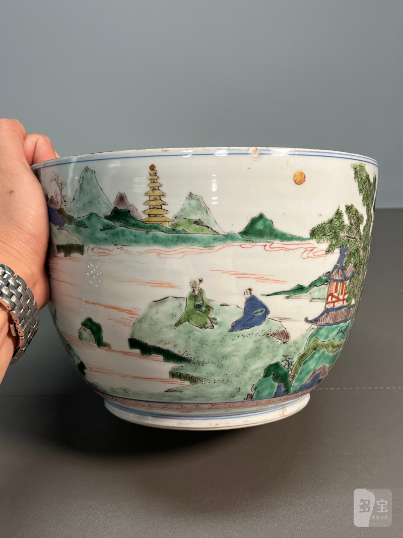 清康熙  五彩通景山水人物图盖罐 - 图6